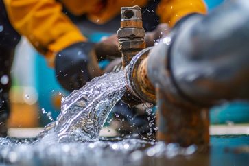 a plumber fixing a burst pipe in a residential home, with water gushing out, highlighting the problem solving abilities and expertise of plumbing laborers on labor day.